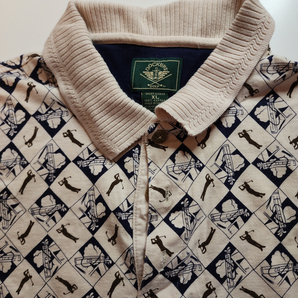 Vintage Dockers Men's Polo Shirt - Cream and Black Pattern